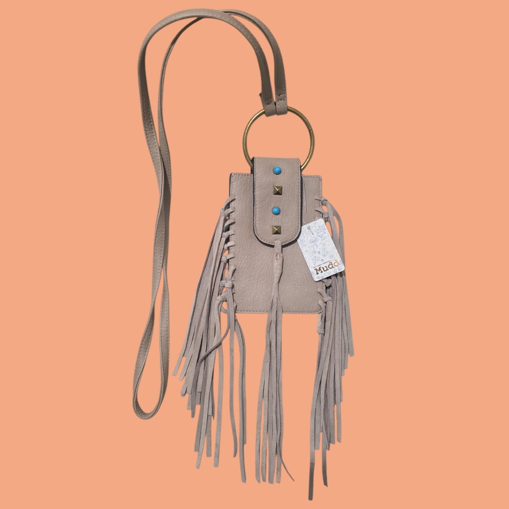 Mudd Beige Fringe Mini Bag with Blue Accents